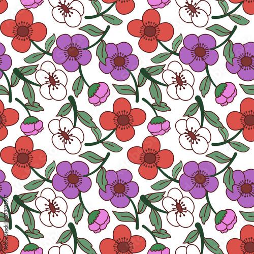 Cute Anemone Flower Seamless Pattern on White Background