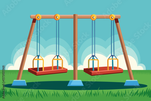 vector of Two swings equipped with life safety, planted on artificial grass. Light background.