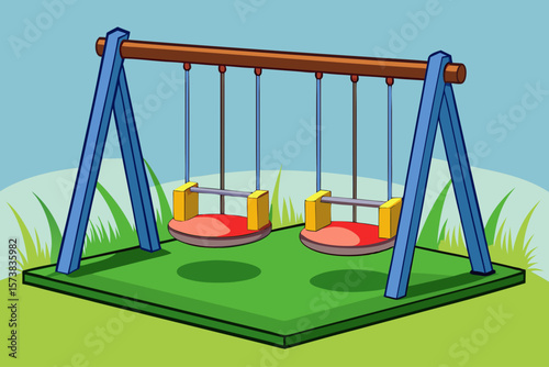 vector of Two swings equipped with life safety, planted on artificial grass. Light background.