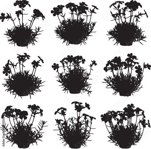 A versatile collection of nine unique black potted plant silhouettes, ideal for minimalist designs, botanical illustrations, and various home decor-themed projects
