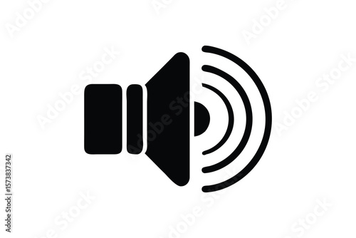 Simple black silhouette icon of a speaker emitting sound waves on a clean white background