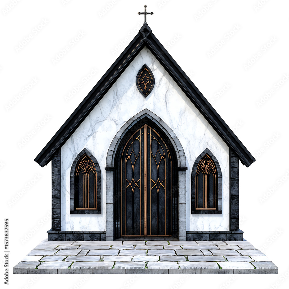 Fototapeta premium Small White Gothic Chapel with Dark Roof Arched Windows and Stone Platform