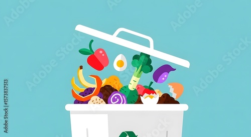 Open compost bin overflowing with various food scraps and vegetables.