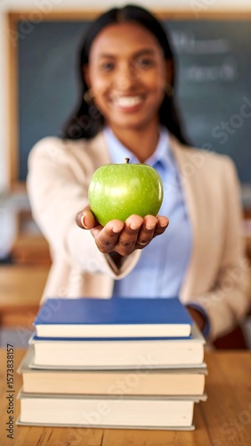 A smiling woman teacher holds out a green apple in front of a stack of books