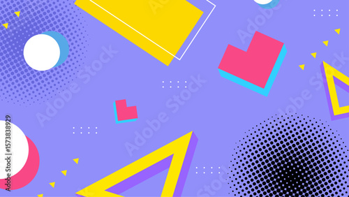 Vibrant geometric shapes and patterns on a purple background, suitable for graphic design projects needing modern, abstract elements. Bold and eye catching visuals for digital or print projects.
