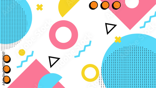 Colorful 80s style geometric abstract design suitable for backgrounds, posters, retro themes, brand identities, and promotional materials. Vibrant and eye-catching.