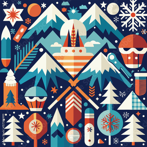 Winter Wonderland A Geometric Celebration of Festive Snow, Mountains, and Winter Sports