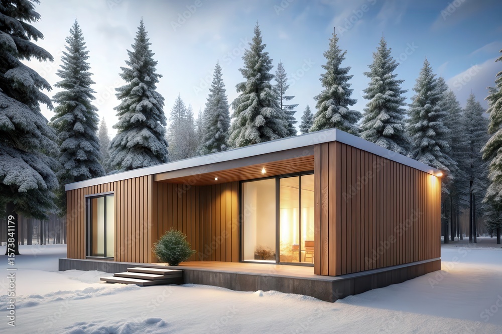 Modern Wooden Cabin Retreat Nestled in a Snowy Winter Forest Landscape Modern Wooden Cabin Retreat Nestled in a Snowy Winter Forest Landscape