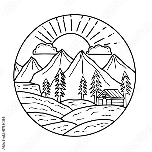 Hand drawn mountain landscape with circular cabin vector art