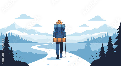 Adventurous hiker walks a winding path through a snowy landscape with tall trees and mountains in the distance