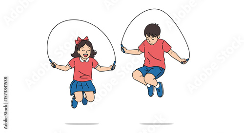 Two happy children enjoying outdoor activities jumping rope together during the day