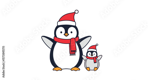 Two cute penguins wearing red santa hats and scarves greeting and waving their flippers in the winter season