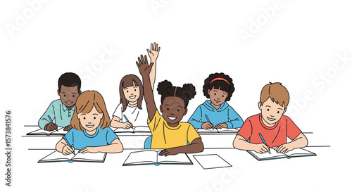Excited young student raises hand eagerly answering question during classroom lesson