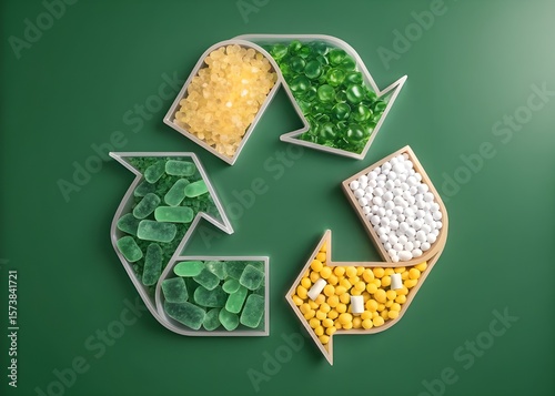 Recycling symbol filled with colorful granular materials