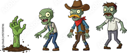 Funny cartoon zombies, scary zombie characters, undead vector illustration, Halloween zombie design, horror walking dead, zombie clipart, grave hand rising