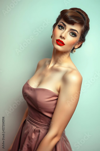 Elegant Woman with Vintage Hairstyle and Bold Red Lipstick Posing Gracefully in a Strapless Dress