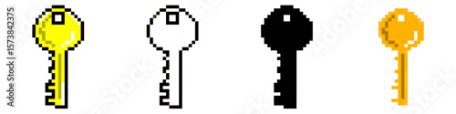 Pixel key icon vector, representing access and security in a retro, 8-bit style. Ideal for gaming, digital interfaces, or nostalgic design projects.