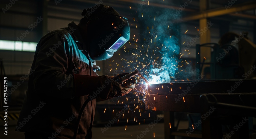 Industrial Silhouette: Metal Sparks and Skill - A welder's silhouette, sparks flying, symbolizes precision, craftsmanship, artistry, and industrial strength. The evokes feelings of skill and power Industrial Silhouette: Metal Sparks and Skill - A welder's silhouette, sparks flying, symbolizes precision, craftsmanship, artistry, and industrial strength. The evokes feelings of skill and power