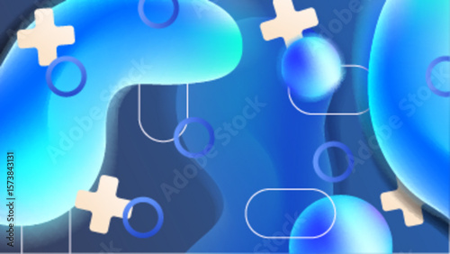 Abstract blue shapes circles and plus signs on a dark background. Suitable for technology or modern design projects. Great for backgrounds or marketing materials.