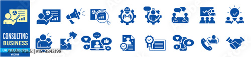 Set of icons related to consulting. Editable stroke linear icon collection. Vector illustration.