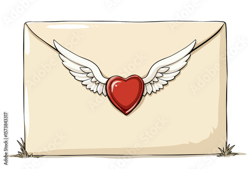 Winged envelope with heart symbol on white background  