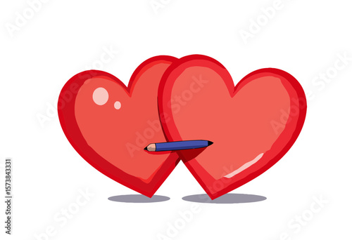 Two intertwined red hearts with a pencil in the center  