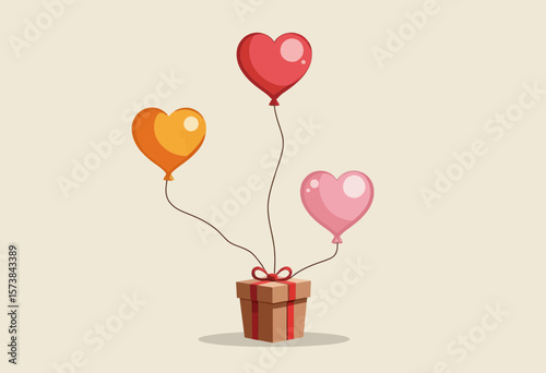 Heart-shaped balloons tied to a gift box on neutral background  