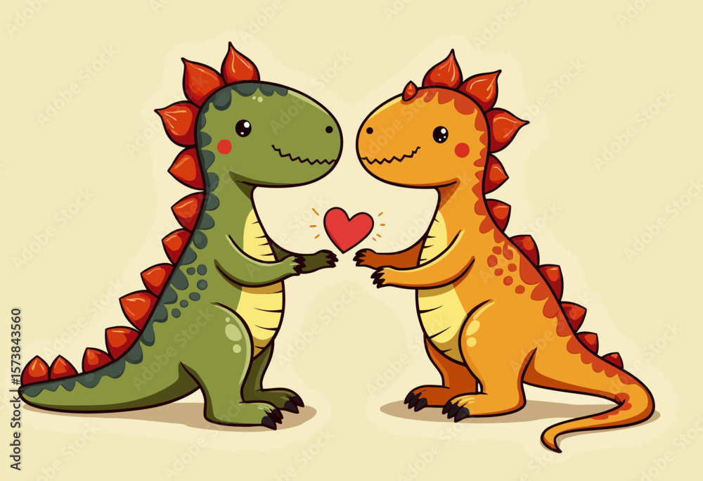 Fototapeta premium Two cute cartoon dinosaurs holding a heart for Valentine's Day 