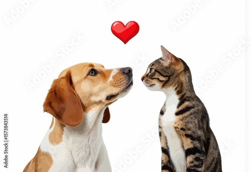Dog and cat looking at each other with love symbol above them  