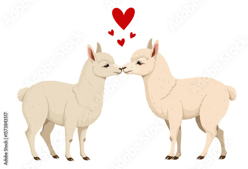Two cute llamas kissing with hearts above their heads  