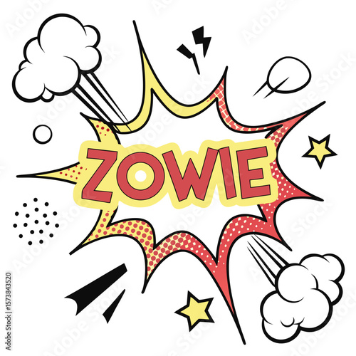 Energetic pop art zowie graphic with burst and comic elements