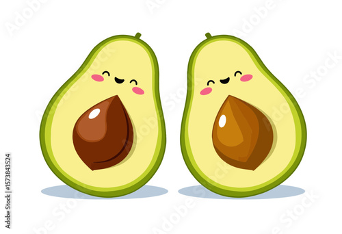 Cute cartoon avocados smiling with seed on white background  
