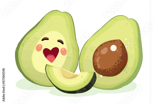 Cute smiling avocado halves with one slice on white background  