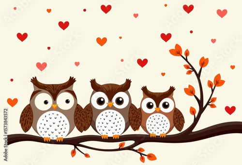 Three cartoon owls sitting on branch with hearts in background  