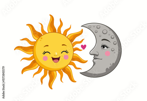 Happy sun and moon characters expressing friendship and love  