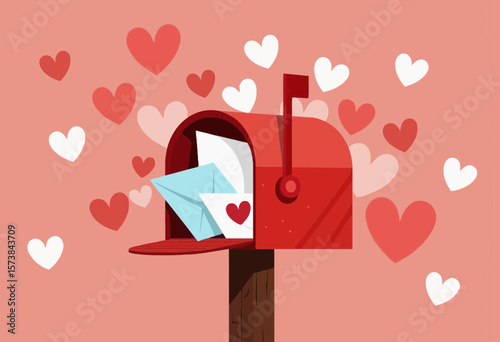 Red mailbox overflowing with love letters on pink background  