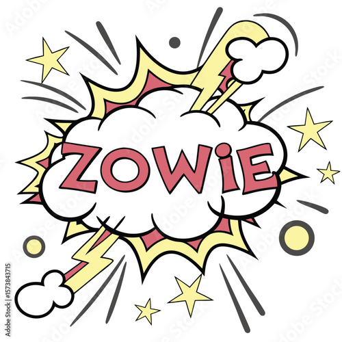 Explosion graphic cartoon with zowie text isolated on white background