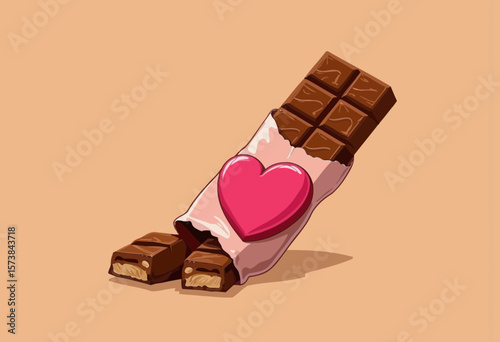 Chocolate bar with heart-shaped wrapper on pastel background  