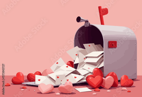 Mailbox overflowing with love letters and heart-shaped decorations  