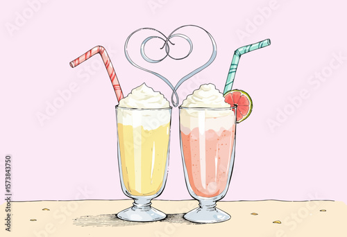 Two colorful milkshakes with cream and straws on pink background  