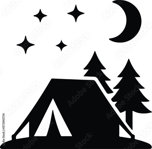 Silhouette camping tent under moon and stars at night Vector illustration
