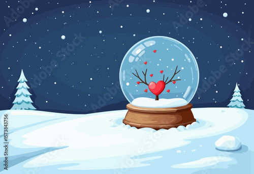 Snow globe with heart and branches on snowy landscape in winter  
