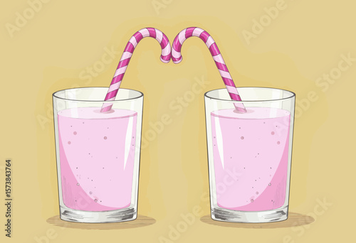 Two glasses of pink milkshake with straws intertwined  