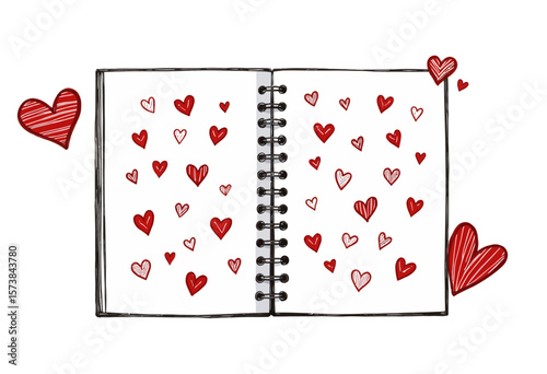 Open notebook with red hearts drawn on pages and around it  