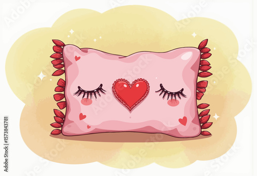 Cute pink pillow with heart and closed eyes on soft background  