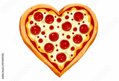 Heart-shaped pizza with pepperoni in colorful illustration  