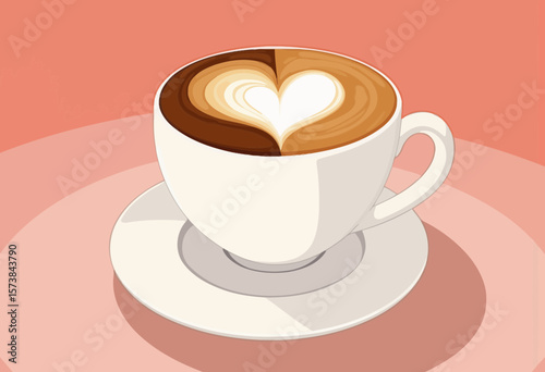 Cup of coffee with heart-shaped latte art on pink background  