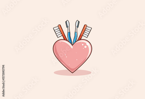 Heart shape with colorful toothbrushes and dental care tools inside  