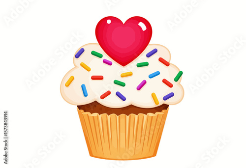 Cupcake with colorful sprinkles and heart-shaped topping  