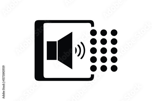 Black and white icon symbolizing audio output from a device to a grid of sound waves